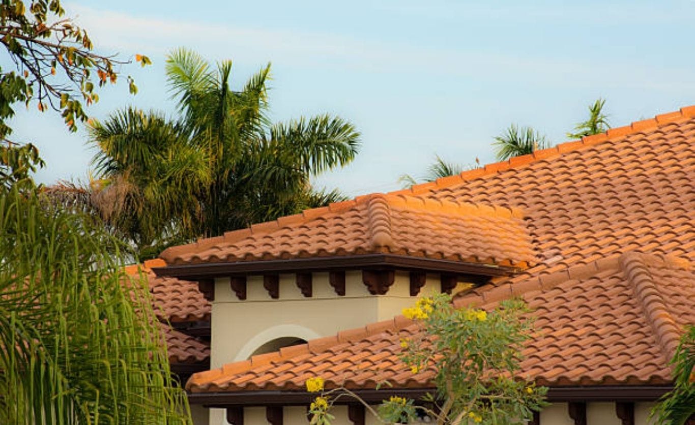 Orange clay barrel tile roof on a Florida home with palm trees behind it