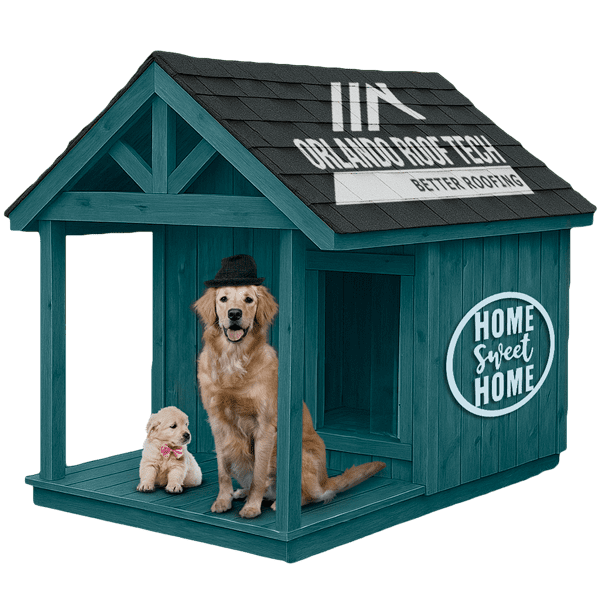 Dog sitting by a doghouse with a custom tile roof