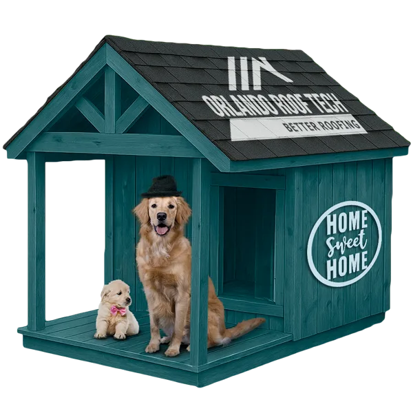 Dog sitting by a doghouse with a custom tile roof