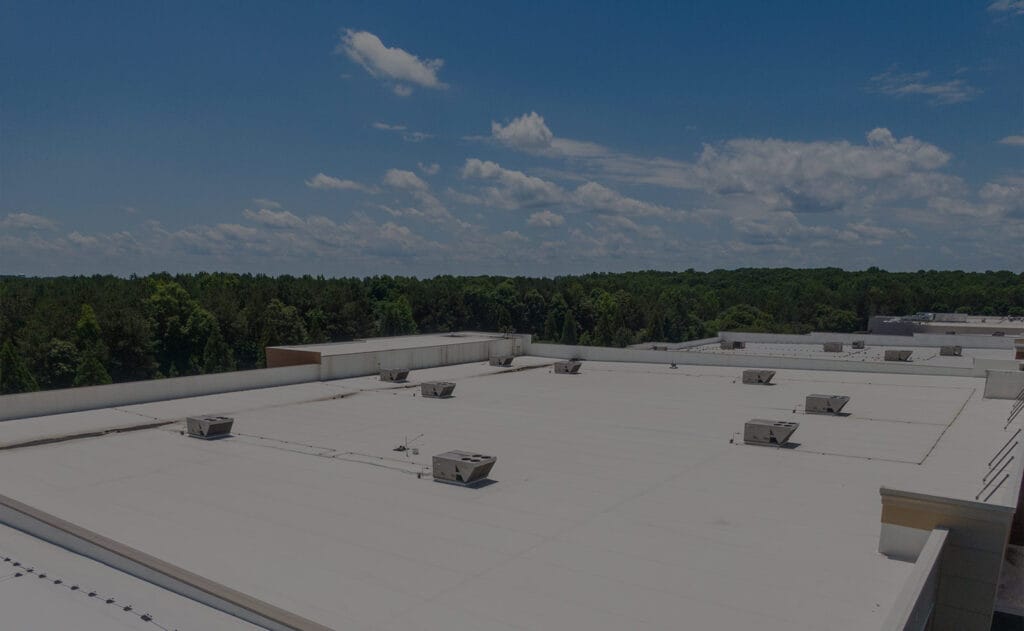 Wide flat commercial roof with a light membrane surface and rooftop vents, with trees on the horizon