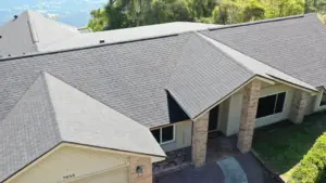 Aerial view of a finished shingle roof on a Central Florida home